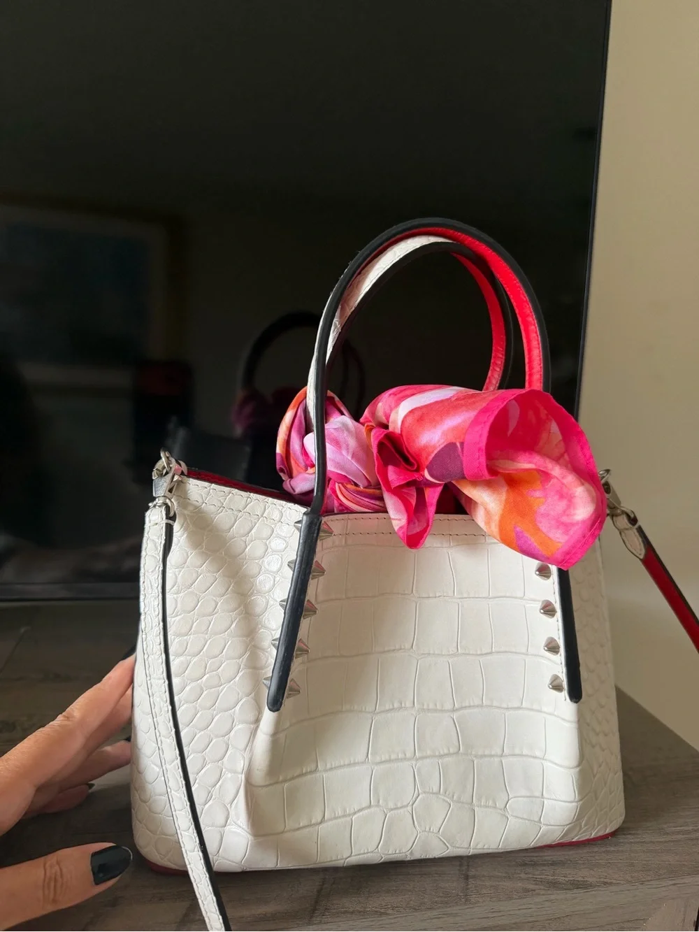 Christian Louboutin White Croc-Embossed Tote with Pink-Orange Scarf